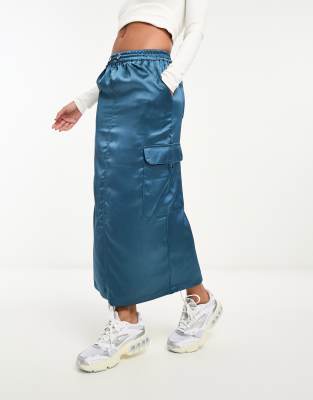 satin cargo midi skirt in mid blue