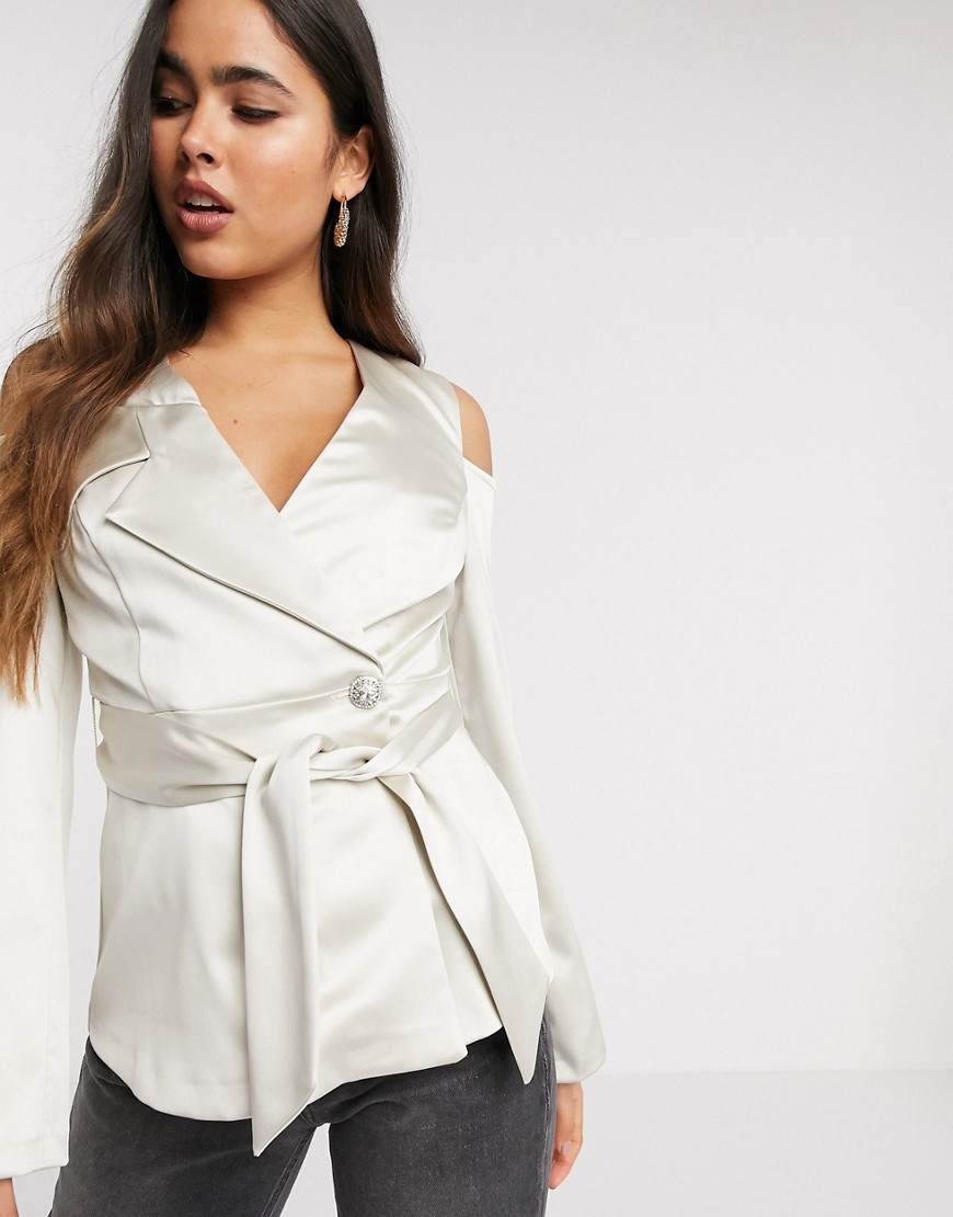 River Island satin cold shoulder structured top in oyster-Cream