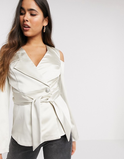 River Island satin cold shoulder structured top in oyster