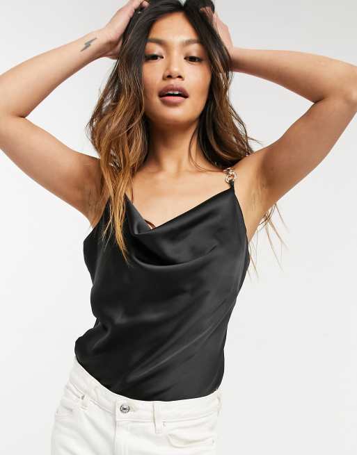 River Island satin cowl neck bodysuit in black