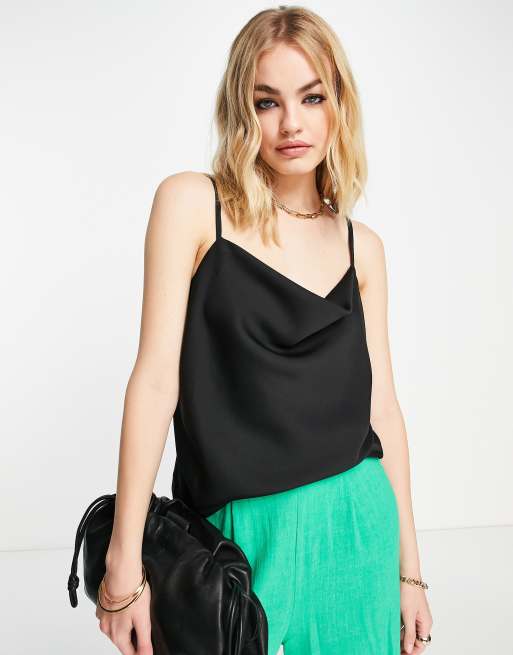 Cowl neck satin cami in black –