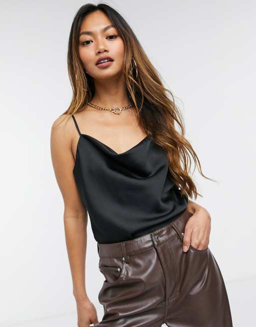 River Island satin cowl neck cami in black