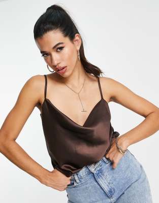 River Island satin cowl neck cami in brown