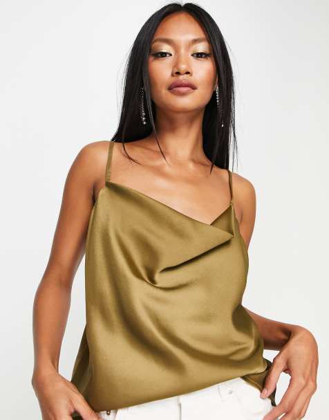 River Island satin cowl neck cami in khaki - view 1