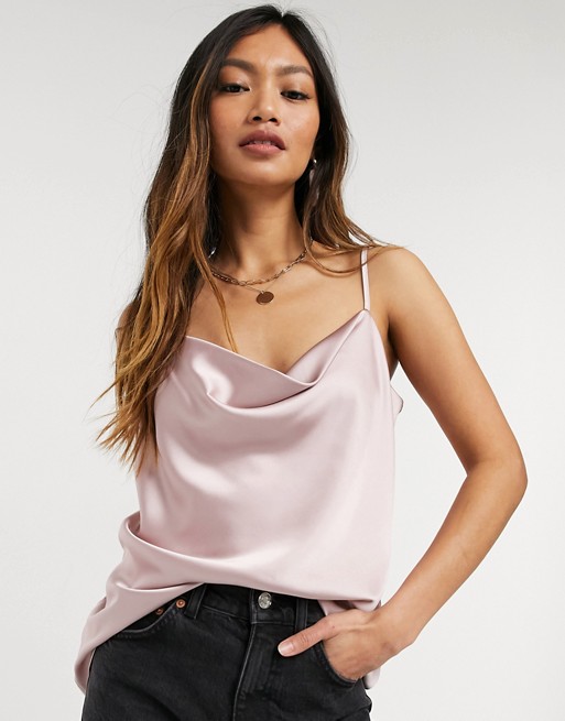 River Island satin cowl neck cami in pink