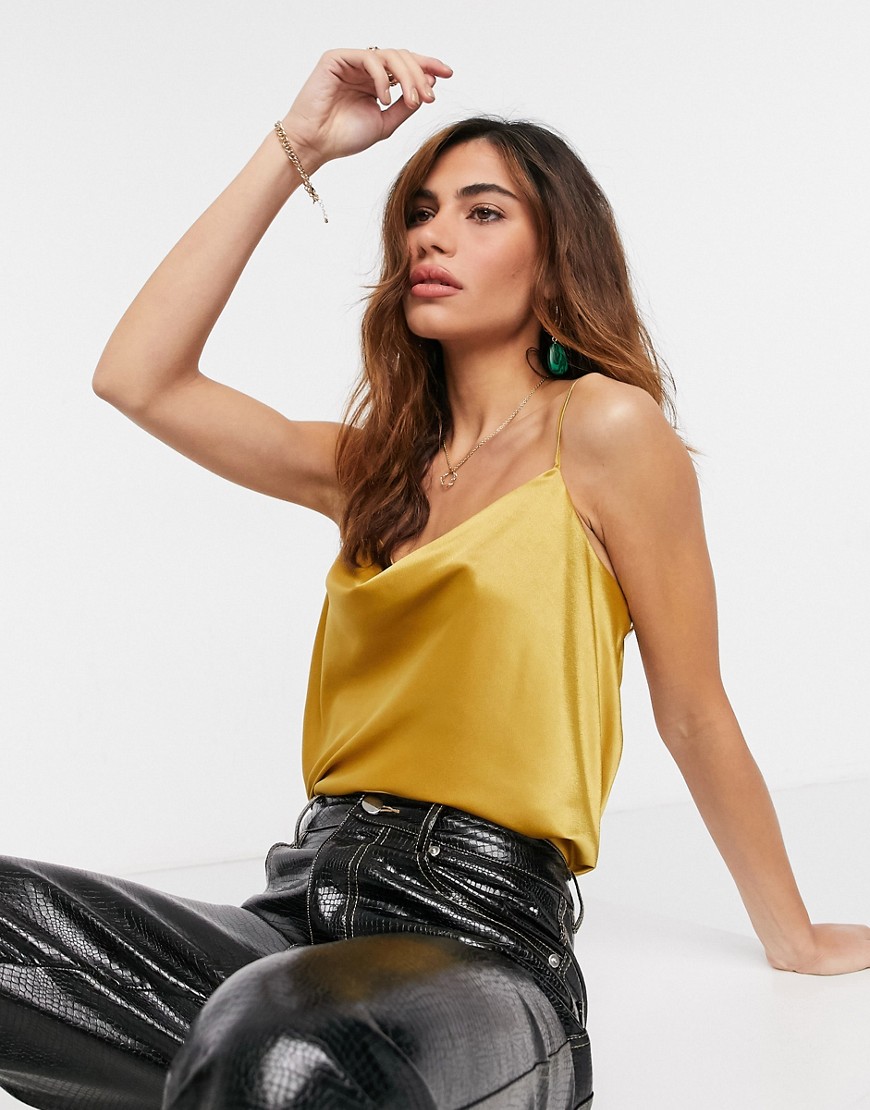 River Island satin cowl neck cami top in gold-Red