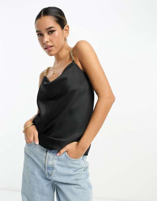 ASOS DESIGN tank top in black satin with cowl neck and chain strap