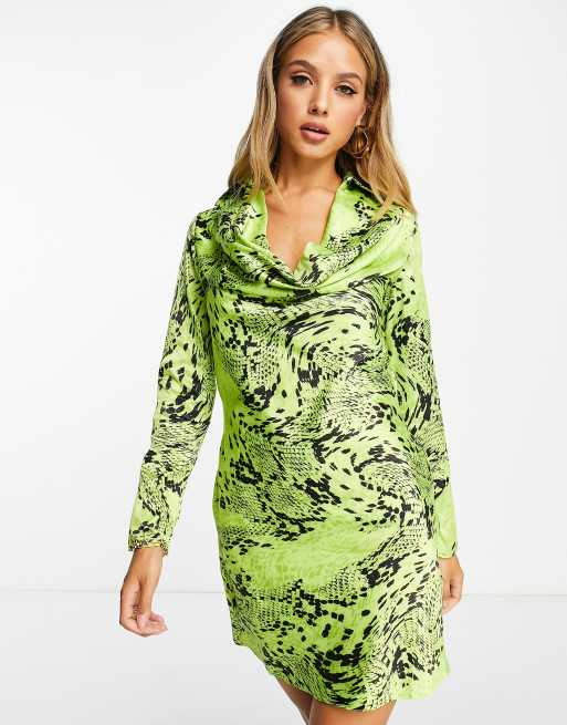 River Island satin cowl neck warped snake print mini dress in green | ASOS