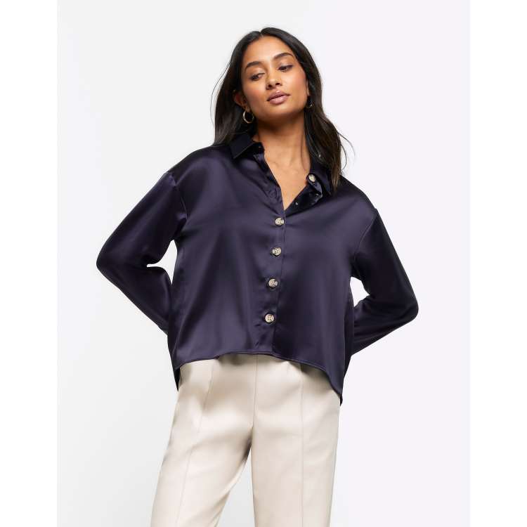 Navy satin crop store top