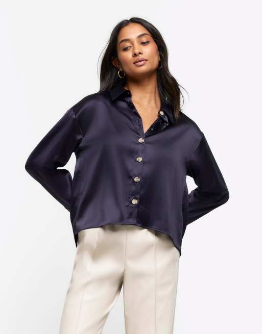 River Island Satin crop long sleeve shirt in navy | ASOS