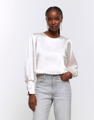 River Island Satin cuffed long sleeve top in beige - light - ASOS Price Checker