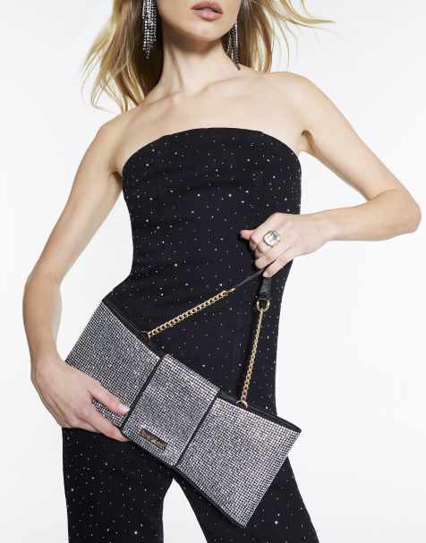 River Island Satin diamante bow clutch bag in black - view 1