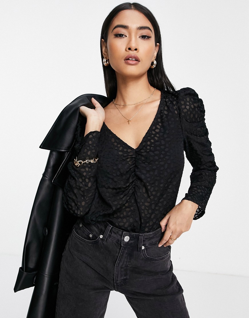 River Island satin dot jacquard ruched sleeve blouse in black