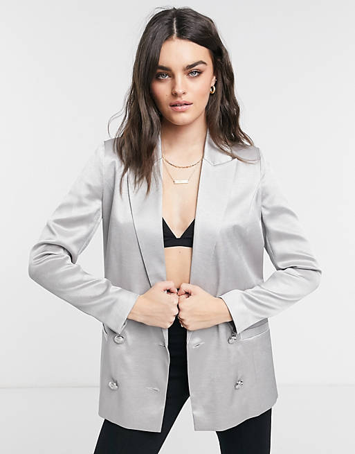 Suits & Separates River Island satin double breasted blazer in silver 