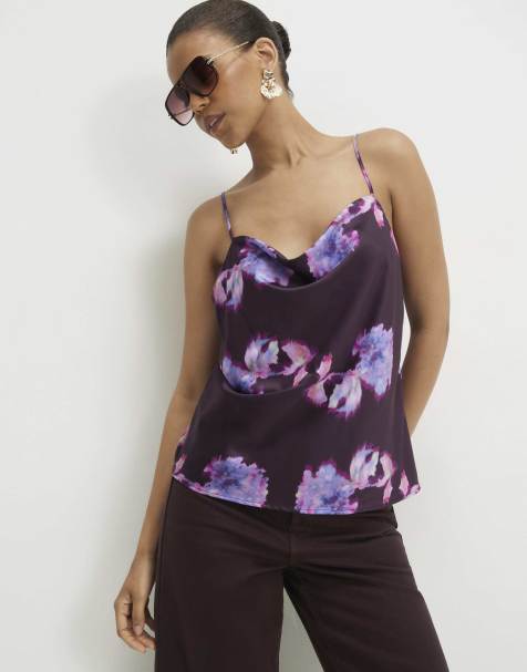 River Island Satin floral cowl neck cami top in purple - view 1