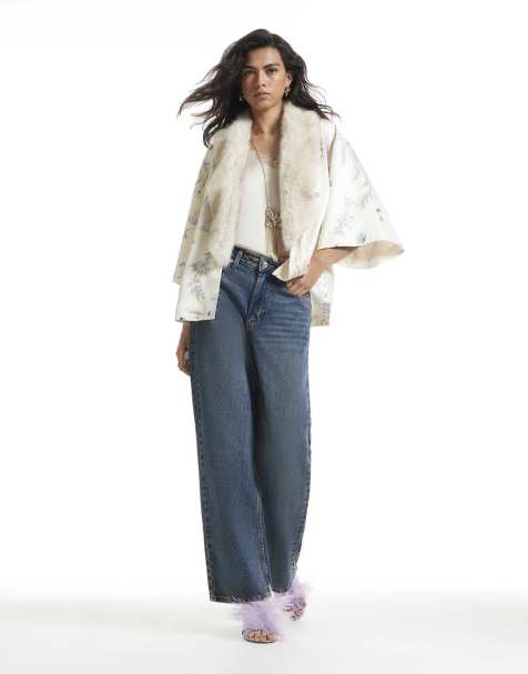 River Island Satin floral faux fur trim kimono in cream - view 1
