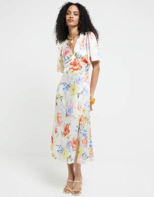 River Island Satin floral swing midi dress in white