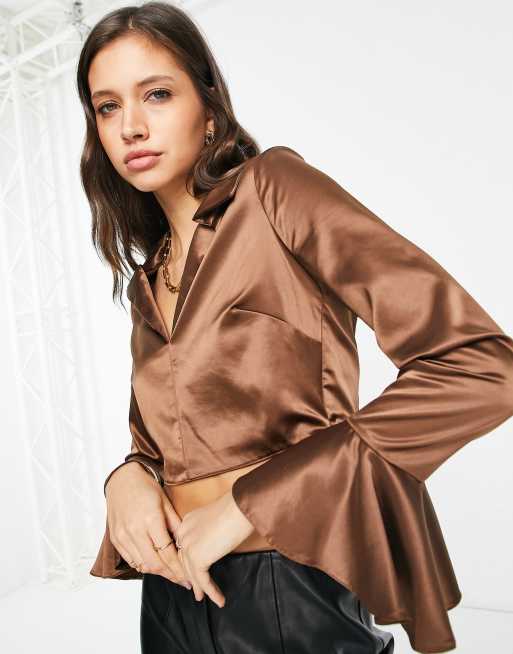 River Island satin frill cuff shirt in brown