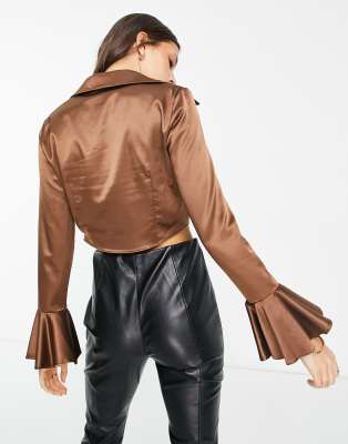 River Island satin frill cuff shirt in brown