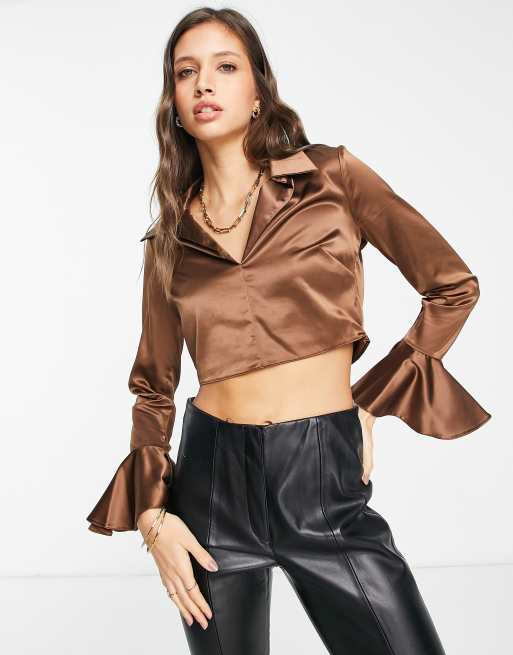 River Island satin frill cuff shirt in brown