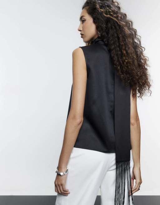 River Island Satin fringe scarf tank top in black, 4 of 4