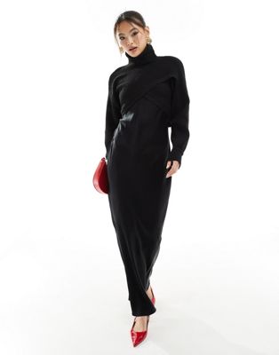 River Island Satin Hybrid Maxi Dress In Black