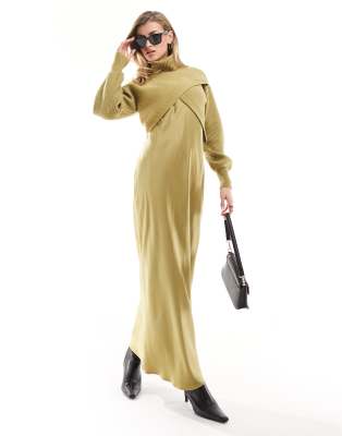 satin hybrid midi dress in khaki-Green