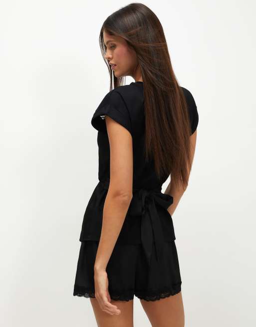 River Island Satin hybrid tie waist t-shirt in black, 4 of 4