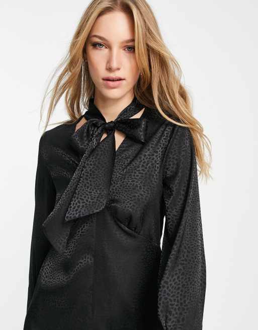 River Island satin jacquard pussybow midi dress in black | ASOS