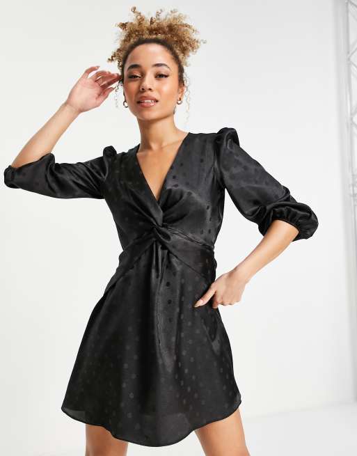 River Island satin jacquard tie waist mini shirt dress in black