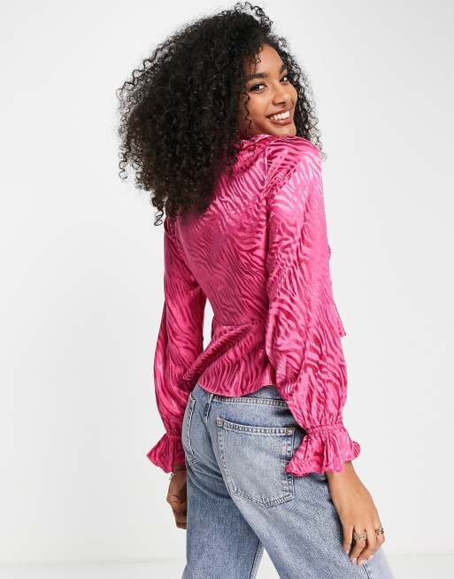 River Island satin jacquard tie front blouse in pink, 2 of 4