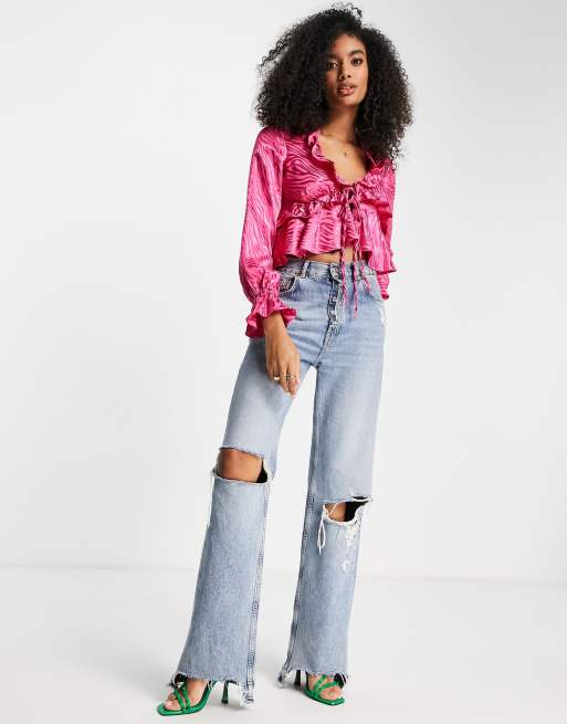 River Island satin jacquard tie front blouse in pink, 3 of 4