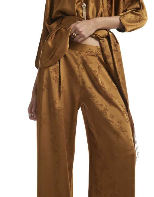 River Island Satin jacquard wide leg trousers in bronze, 3 of 4