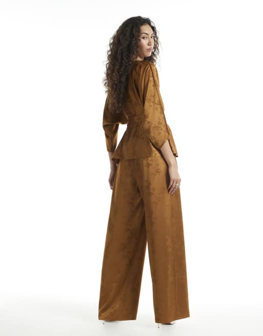 River Island Satin jacquard wide leg trousers in bronze, 4 of 4