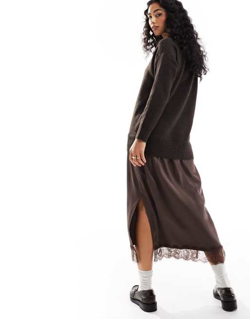 River Island Satin jumper midi dress in brown dark ASOS