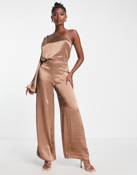 River Island – Satin-Jumpsuit aus braunem Satin mit Kimono-Ärmeln - view 1