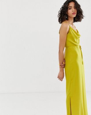River Island satin jumpsuit with cowl neck in yellow