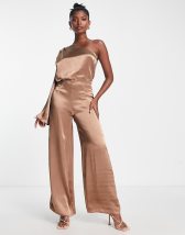 Miss Selfridge satin long sleeve wrap jumpsuit in pink