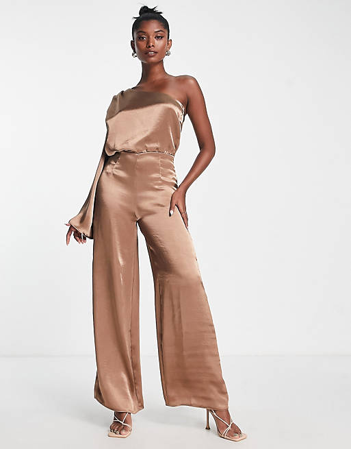 River Island satin jumpsuit with kimono sleeves in brown