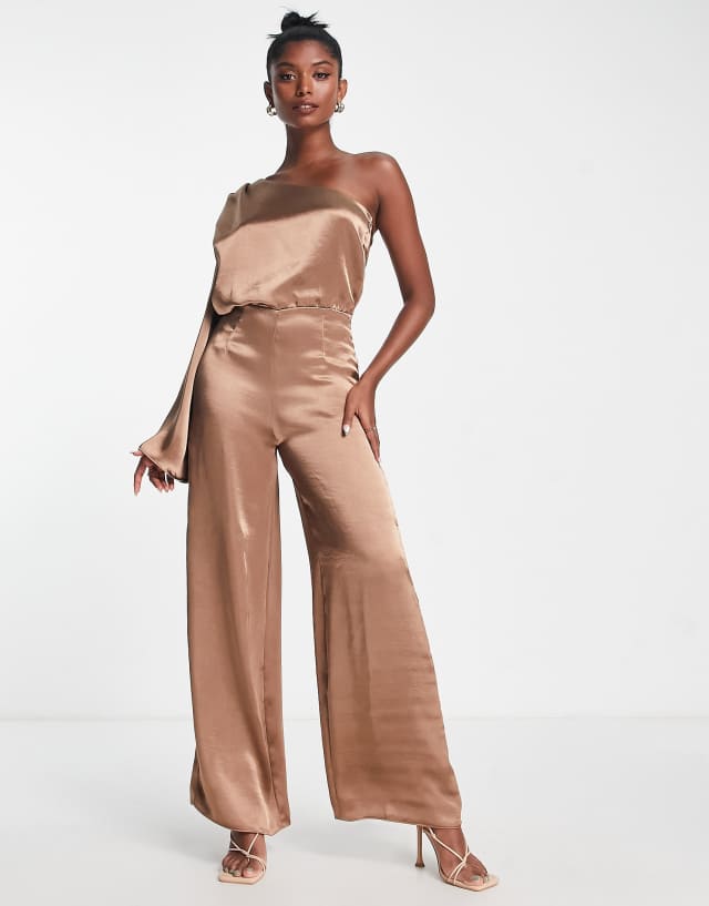 River Island satin jumpsuit with kimono sleeves in brown