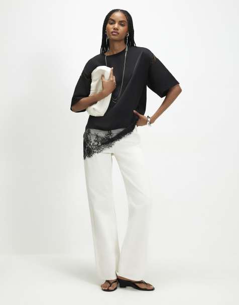 River Island Satin lace trim boyfriend fit t-shirt in black - view 1