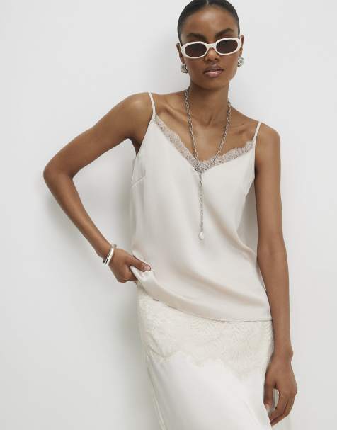River Island Satin lace trim cami top in beige - view 1