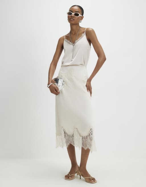 River Island Satin lace trim cami top in beige, 3 of 4