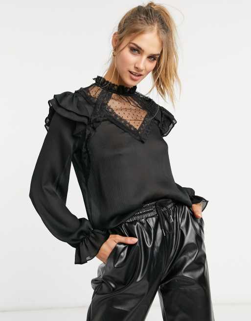 River Island satin lace victoriana blouse in black | ASOS