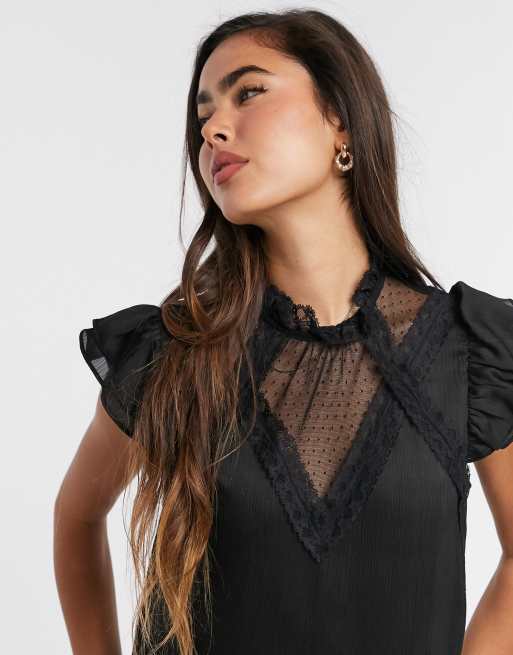 River Island satin lace victoriana top in black | ASOS