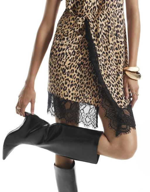 River Island Satin leopard lace twist mini dress in brown, 2 of 4