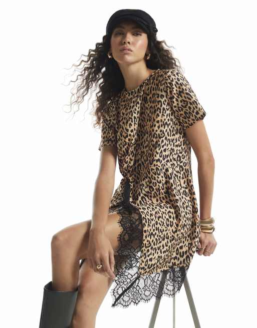 River Island Satin leopard lace twist mini dress in brown, 3 of 4