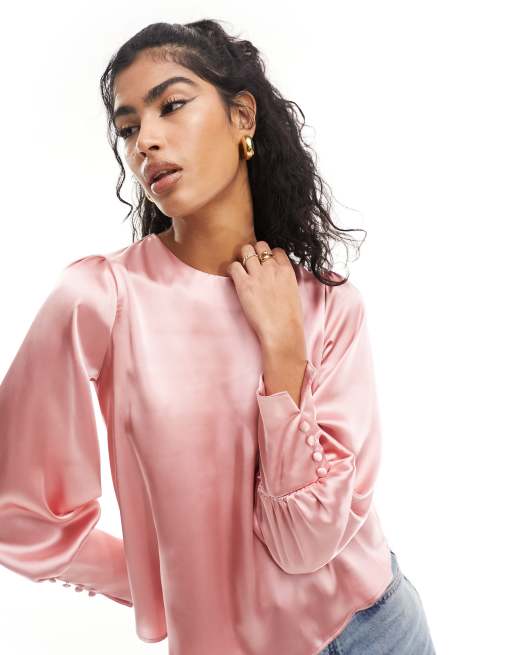 River Island Satin long sleeve blouse in pink medium