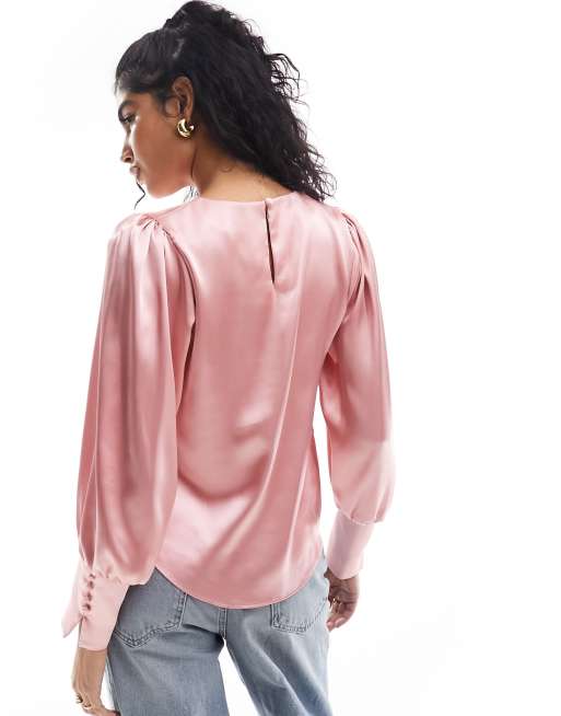 Pink satin long store sleeve blouse