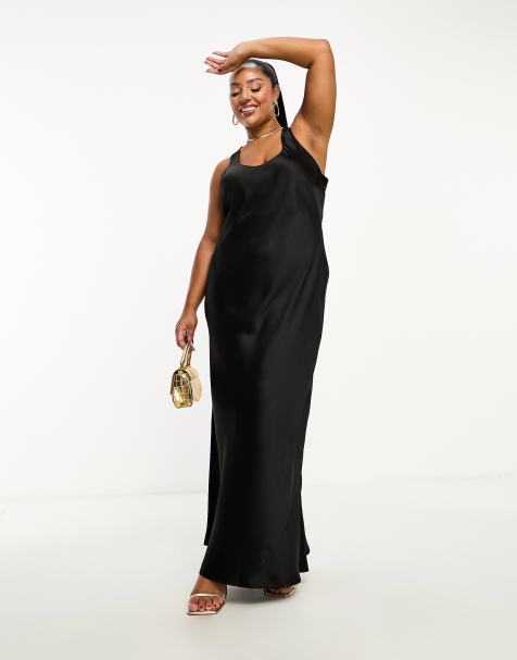 ASOS DESIGN Maternity gathered babydoll satin midi slip dress in black